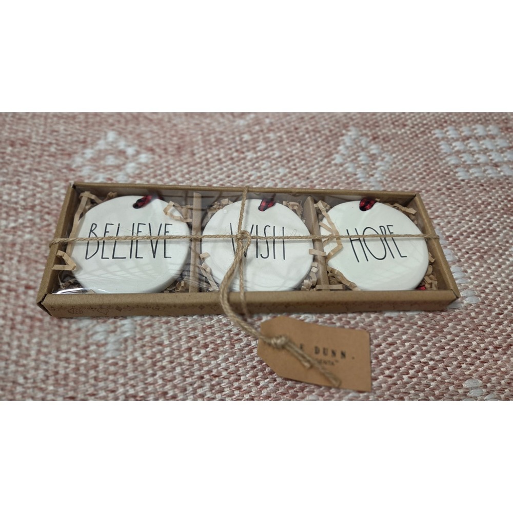 Rae Dunn Christmas Ornament Set of 3 Believe Wish Hope Ceramic Disc